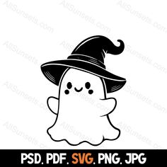 a black and white halloween ghost wearing a witches hat with the words psd df sv