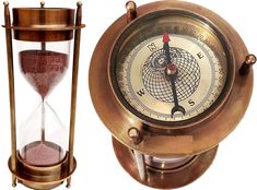 an old time clock with sand in it next to a brass hourglass on a white background