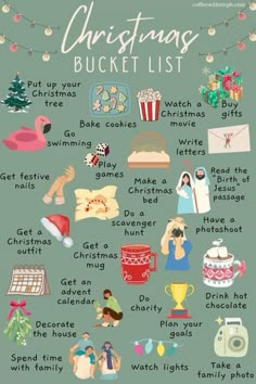 a christmas bucket list with pictures and words on it's side, including the names