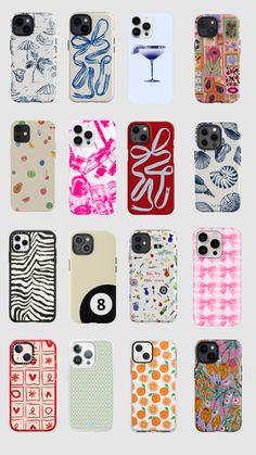 many cell phones are lined up in different colors and designs, all with the same pattern