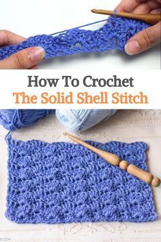 two photos showing how to crochet the solid shell stitch