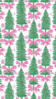 pink and green christmas trees with bows on white background, seamless fabric pattern stock photo