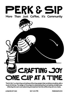 an advertisement for perk and sip coffee, featuring a cartoon character making a cup