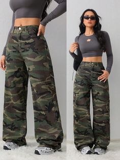 Women's Leopard Print Jeans Loose Straight Leg Pants Tall Women Pants Cargo Women Jeans Camo Women Pants Multicolor Casual   Denim Camo,All Over Print,Textured Pattern Straight Leg Non-Stretch  Women Clothing, size features are:Bust: ,Length: ,Sleeve Length: Army Pants With Dunks, Camo Cargo Pants Casual, Camo Cargo Pants And Dunks, Camouflage Print Pants, Cargo Women, Camo Cargos, Stand Collar Top, Leopard Print Jeans, Long Sleeve Denim Jacket