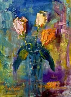 a painting of three roses in a vase