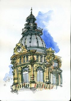 a drawing of a building with a clock on it's top and the sky in the background