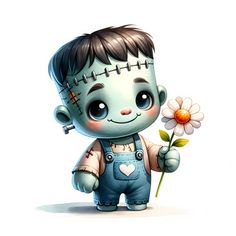 a cartoon zombie holding a flower in one hand and wearing overalls on the other