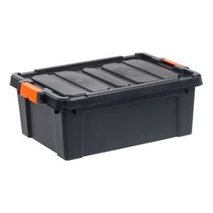 a black plastic storage box with orange handles