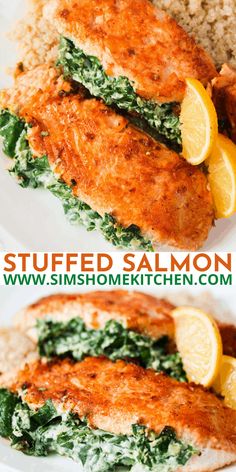 two images of stuffed salmon with spinach and lemons on the side, one is cut in half