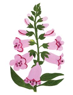 a drawing of pink flowers with green leaves