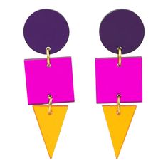 two tone earrings with purple, yellow and pink triangles on the bottom one has a circle at the end