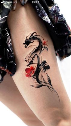 a woman's thigh with a tattoo design on it