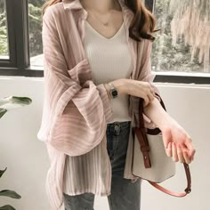 Tops For Women Korean, Supply Organization, Chiffon Cardigan, Shirt Collar Styles, Loose Coat, Korean Girl Fashion, Art Supply, Casual Tops For Women, Chiffon Shirt