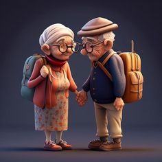 an old man and woman holding hands while standing next to each other with backpacks on their backs