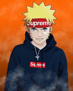 an anime character wearing a black hoodie with the word supreme on it's forehead