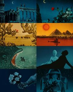 an image of four different scenes in the same color scheme as well as black and white