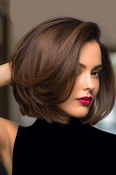 Bobs For Brunettes, Hair Color Short Hair Brown, Full Body Bob Hairstyles, Shag Bob No Bangs, Short Cut For Women, Short Hair Business Woman, Lightly Layered Bob, Short Hair Styles With Highlights, Brown Bobs Haircuts