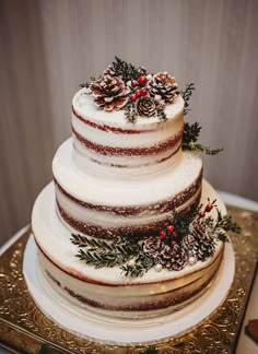 a three tiered wedding cake with pine cones and berries