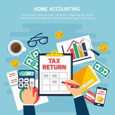 tax return form with money, calculator and other items