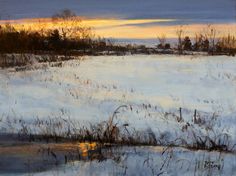 an oil painting of a snowy field with trees and water in the foreground at sunset