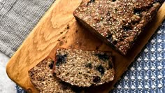 slices of blueberry bread on a cutting board