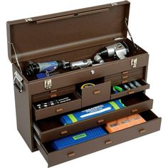 an open tool box filled with tools on top of a white background