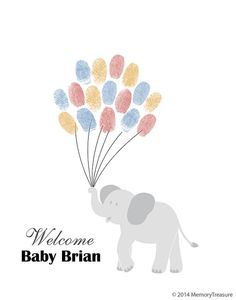 an elephant holding balloons with the words welcome baby brain