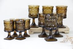 Vintage Glass Goblet Set-Walnut Brown Noritake MCM  Debra Hall Lifestyle Cocktail And Mocktail, Serving Wine, Water Into Wine, Glassware Collection, Colored Highlights, Glass Texture, Vintage Glassware, Mid Century Design, Glass Set