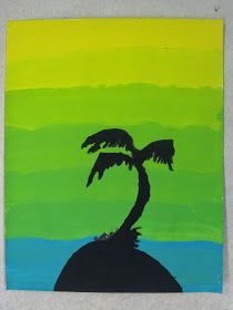 a painting of a palm tree on a green and blue background