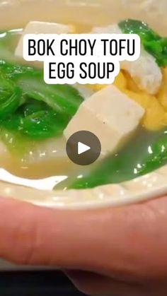 someone holding a bowl of soup with tofu and green vegetables