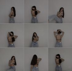 several images of a woman with her hands on her head and arms behind her back