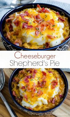 cheeseburger shepherd's pie in a blue bowl