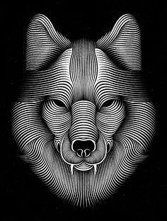 a black and white drawing of a dog's face with lines on it, in the shape of a wolf head