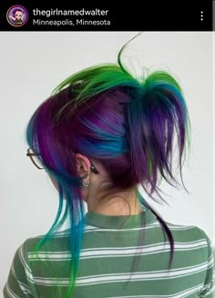 Green Purple Turquoise Blue Shag Hairstyle Haircolor Crazy Vivid Hair, Purple Turquoise Hair, Purple Green And Blue Hair, Purple Green Hair Color, Hair Ideas Colored Dyed, Purple And Blue Hair Color Ideas, Cool Color Hair, Turquoise And Purple Hair, Hair Ideas Colour