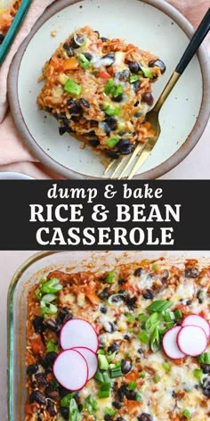 a casserole dish with dump and bake rice and bean casserole