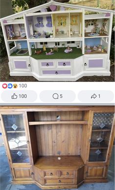 the before and after pictures show how to make a doll house from an old china cabinet