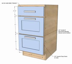 a blue cabinet with measurements for the drawers