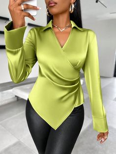 SHEIN Slayr "Solid Color Wrap Long Sleeves Irregular Hem Detail Women's Satin Blouse" | SHEIN English Outfit, Women In Their 40s, Smart Casual Women Outfits, Smart Casual Women, Ladies Tops Blouses, Tops For Ladies, 2piece Outfits, Corporate Dress, Satin Bluse