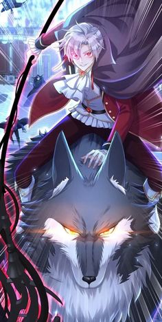 an anime character riding on the back of a wolf with red eyes and white hair