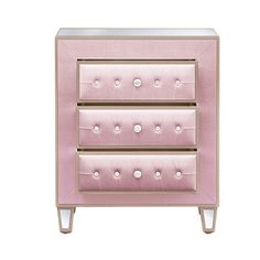 a pink dresser with three drawers and two white knobs on the bottom, in front of a white background