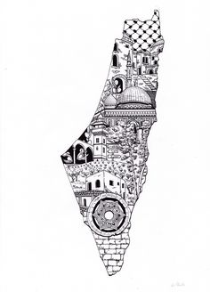 a black and white drawing of the shape of a map with different buildings on it