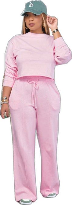 Casual Loungewear Two-piece Pants Set, Casual Two-piece Long Sleeve Pant Set, Casual Pink Cotton Pant Set, Casual Pink Pant Set For Spring, Casual Long Sleeve Pant Set For Spring, Casual Stretch Cropped Sets, Pink Casual Two-piece Top, Pink Two-piece Casual Tops, Casual Two-piece Jumpsuit