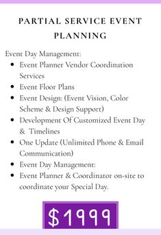 the event planner flyer with text that reads, partial service event planning event day management event plan