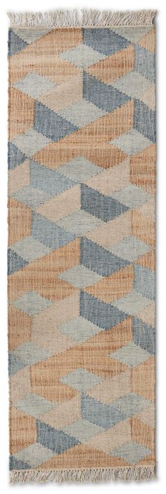 an area rug with blue, orange and beige colors on the bottom half of it