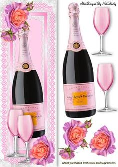 a bottle of champagne and two wine glasses with pink roses on the bottom, in front of a white background