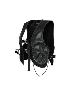 a black leather vest with two straps on the back and one shoulder strap attached to it