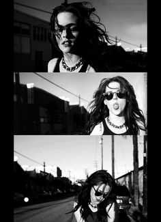 three different shots of a woman with sunglasses on her face and hair blowing in the wind