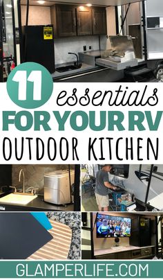 the words essentials for your rv outdoor kitchen on top of pictures of different appliances