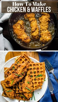 fried chicken and waffles in a skillet with text overlay