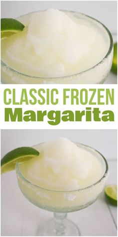 a margarita cocktail in a glass with limes on the side and text that reads classic frozen margarita